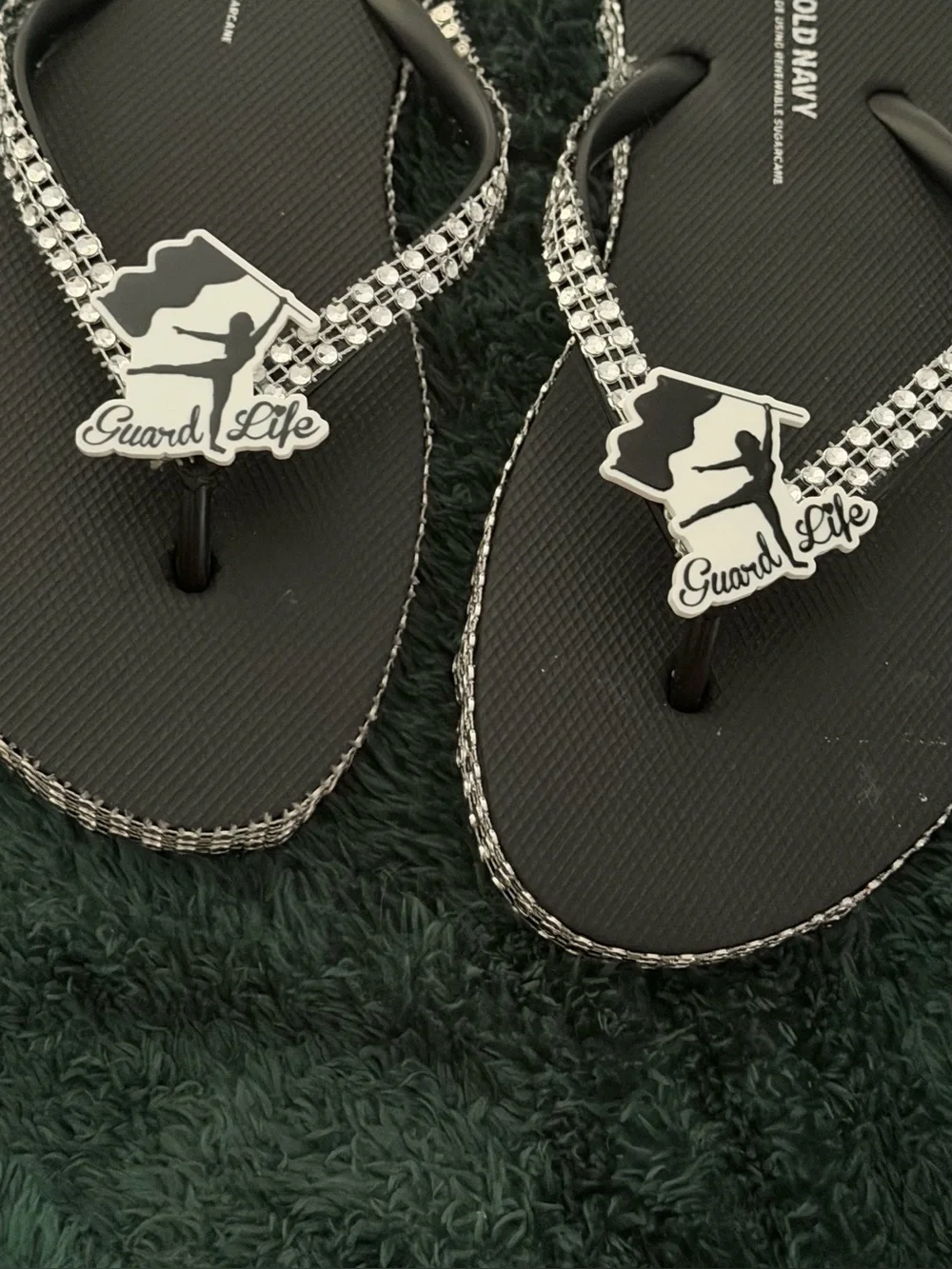 Black Rhinestone 'Guard Life' Flip Flops